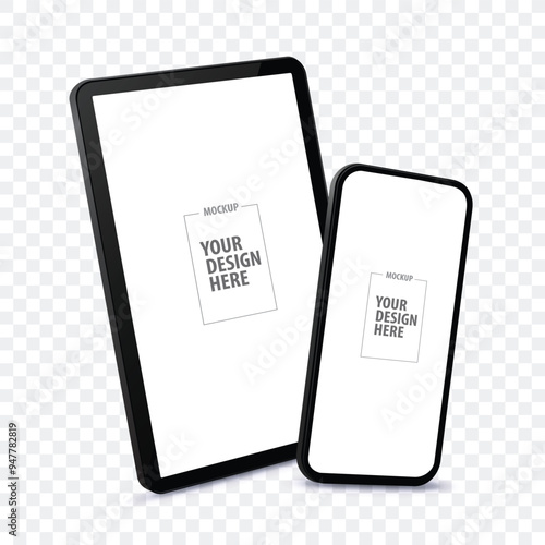 Tablet Computer and Mobile Phone Vector Mockup With Perspective View. Blank screen digital devices isolated on white background.