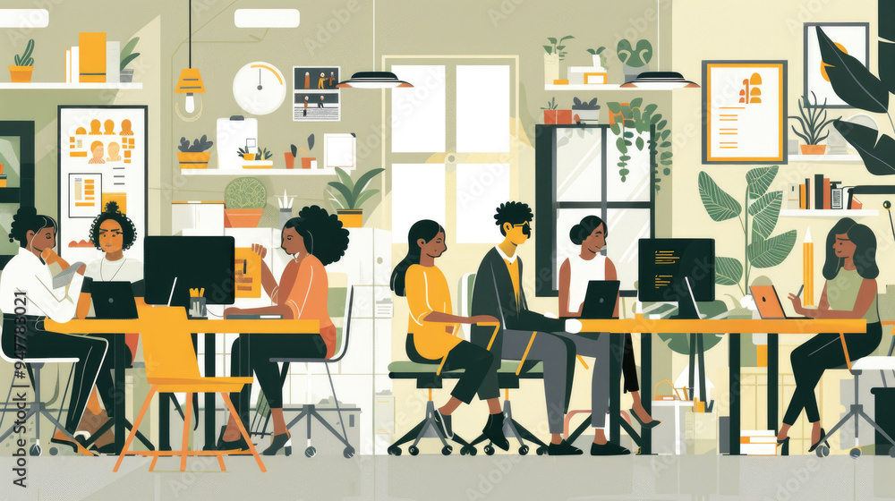 A diverse group of professionals work together in a stylish, plant-filled office during daytime, engaged in various tasks on computers A diverse group of professionals work together in a stylish, plant-filled office during daytime, engaged in various tasks on computers
