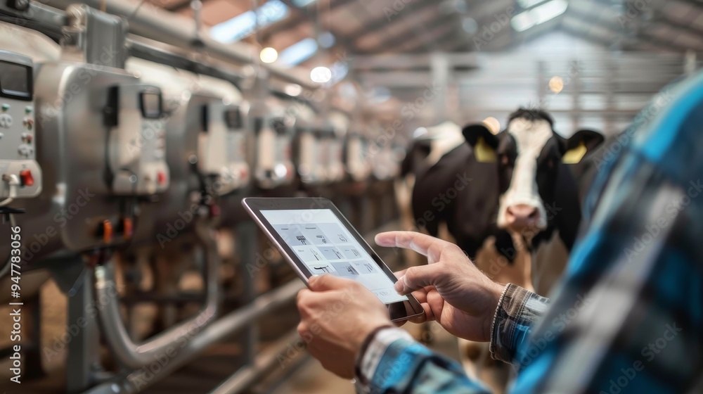 Obraz premium Modern Agricultural Technology Farmer Utilizing Tablet to Manage Automated Feeding Systems on Dairy Farm