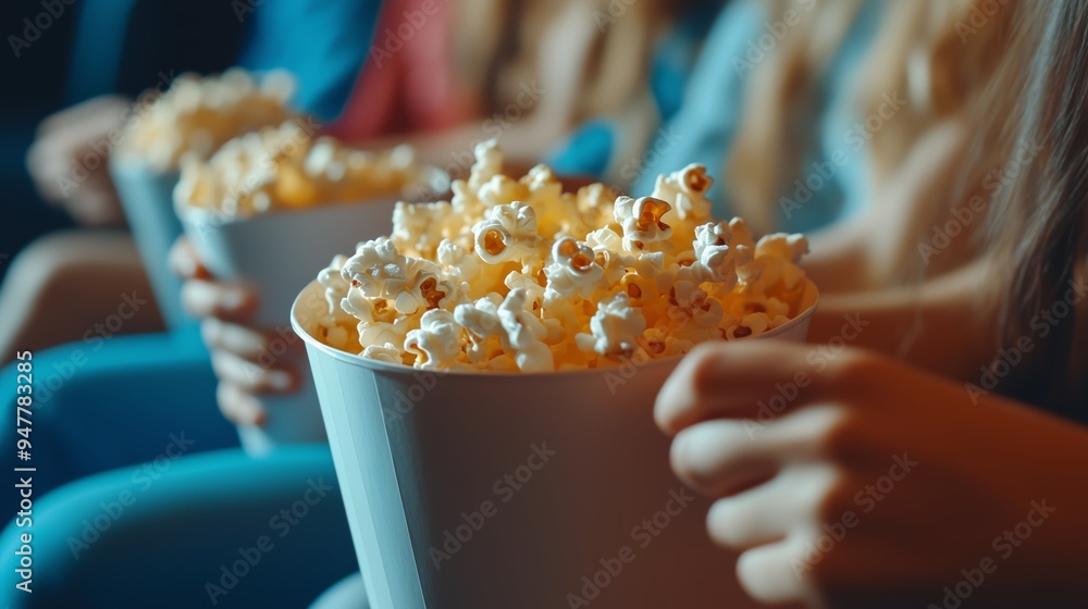 Group of friends enjoying popcorn at the cinema during an evening movie screening together, capturing moments of excitement Group of friends enjoying popcorn at the cinema during an evening movie screening together, capturing moments of excitement