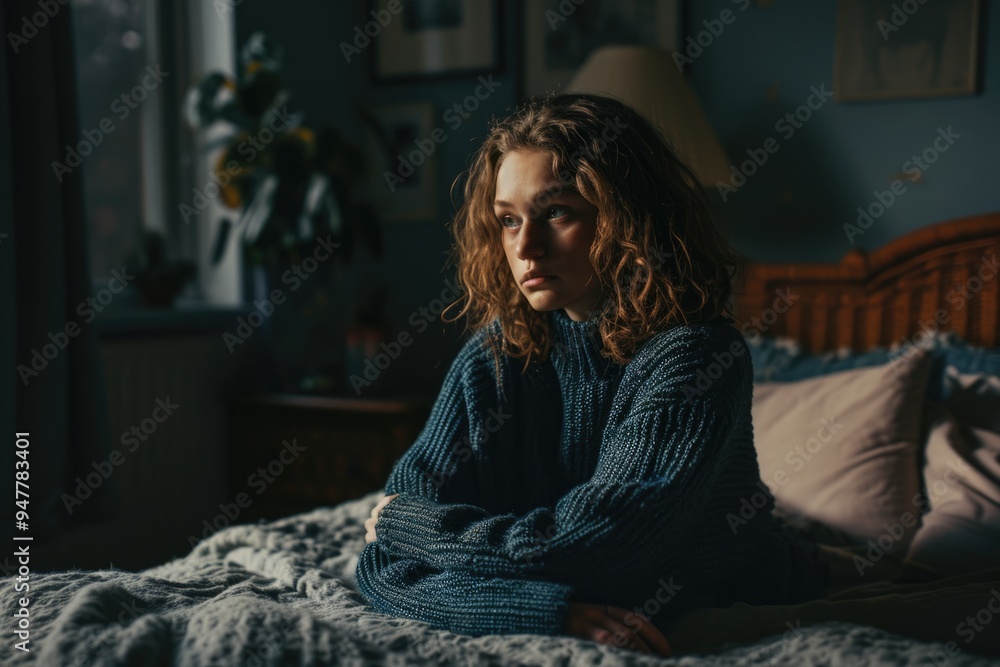 Obraz premium Unhappy Young Woman in Bedroom, Alone and Deep in Thought