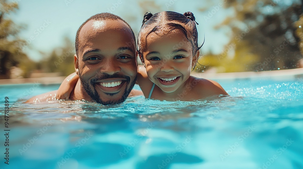 Father and daughter swimming in a blue pool, sunny day, both smiling Father and daughter swimming in a blue pool, sunny day, both smiling