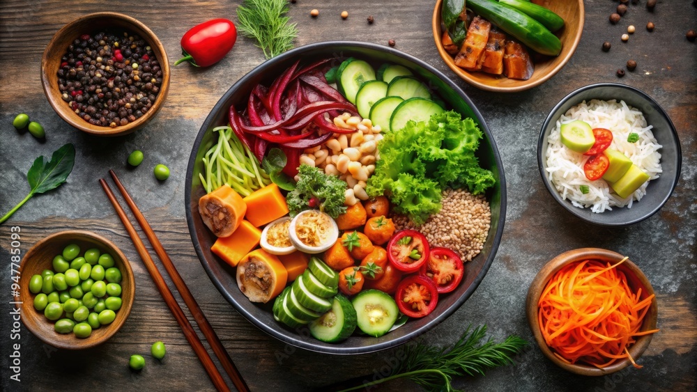 Top view of a delicious Asian fusion bowl with various dishes, Asian, fusion, bowl, top view, food, cuisine, mix, combination Top view of a delicious Asian fusion bowl with various dishes, Asian, fusion, bowl, top view, food, cuisine, mix, combination