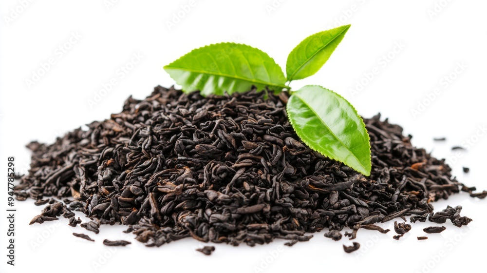 Premium Black Tea Leaves blended with Green Leaves. Tea Brewing Pile isolated on white background Premium Black Tea Leaves blended with Green Leaves. Tea Brewing Pile isolated on white background