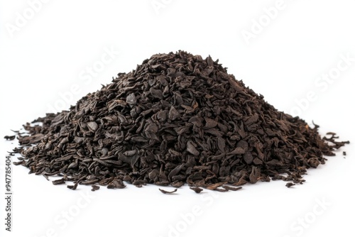 A Heap of High Quality Loose Black Tea Leaves isolated on a Pure White Background. Tea Brewing