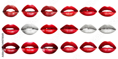 Collection of colorful lip prints in different styles isolated on transparent background