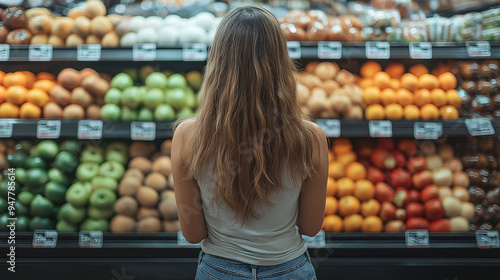 A young woman is standing and choosing things at a convenience store.