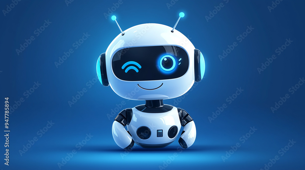 3D icon of a cute robot, against a blue background, in a cartoon style with a white and light grey color scheme 3D icon of a cute robot, against a blue background, in a cartoon style with a white and light grey color scheme