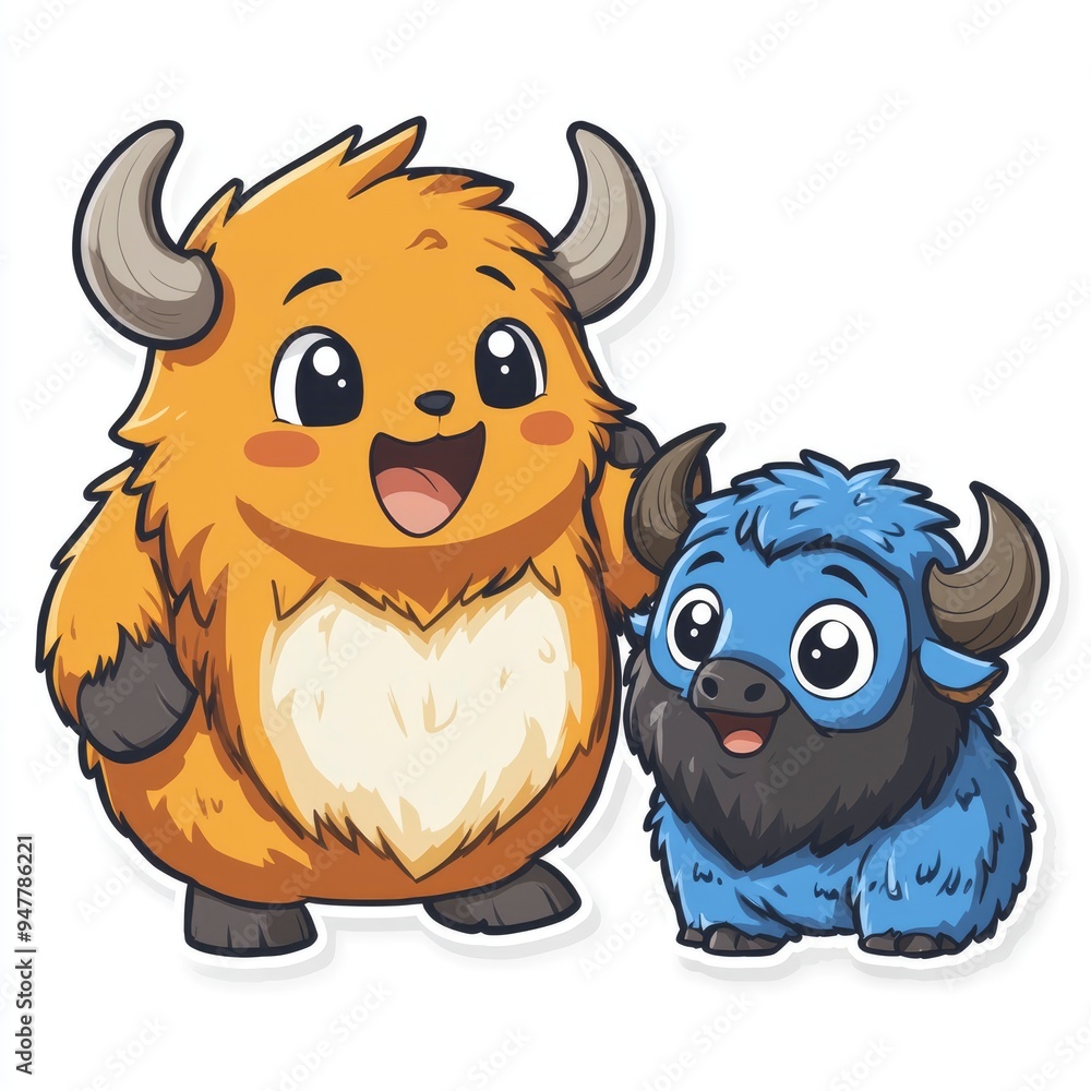 Cute Cartoon Orange and Blue Fluffy Bulls Cute Cartoon Orange and Blue Fluffy Bulls