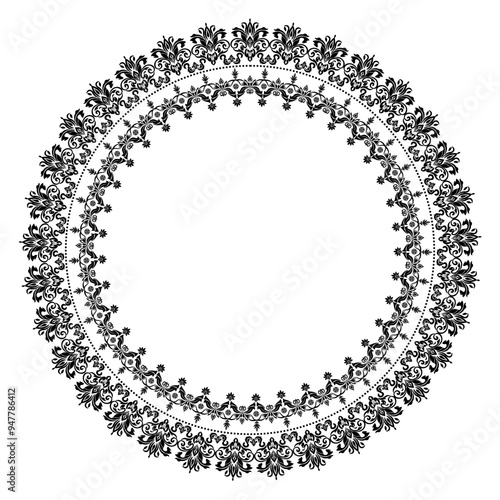 Round Wreath Black circular round ornament floral Abstract pattern Victorian Damask traditional style