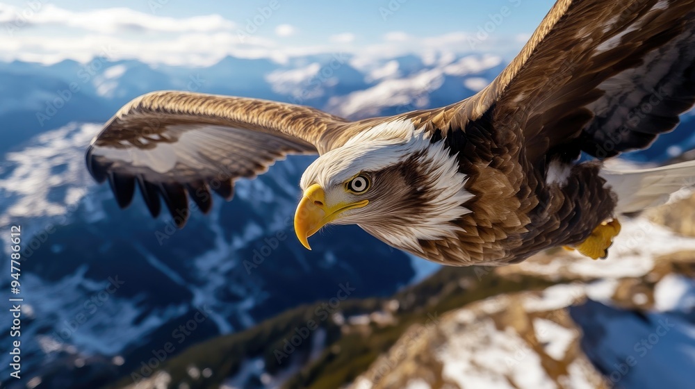 Fototapeta premium Top-down photography of a tagged eagle soaring over a mountain range