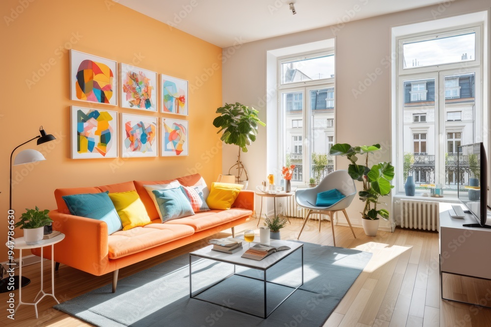A bright and modern living room with white walls, large windows overlooking the street, a colorful sofa near the window, poster hanging above The interior design style is Scandinavian,generative ai A bright and modern living room with white walls, large windows overlooking the street, a colorful sofa near the window, poster hanging above The interior design style is Scandinavian,generative ai