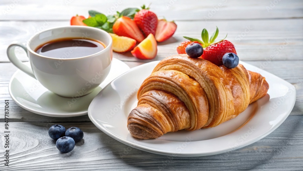 Croissant breakfast on a white plate with coffee and fruit , croissant, breakfast, pastry, food, French, delicious, coffee, fruit Croissant breakfast on a white plate with coffee and fruit , croissant, breakfast, pastry, food, French, delicious, coffee, fruit
