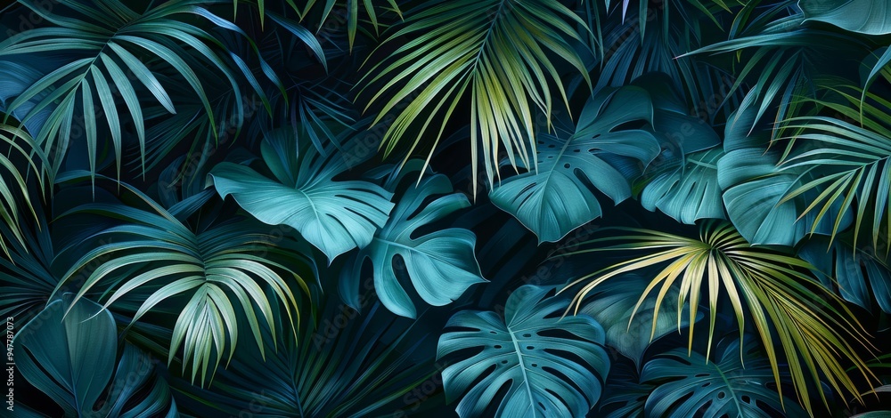 Tropical palm and monstera leaves overlapping in a dense, detailed pattern, creating a vibrant, exotic jungle atmosphere. Tropical palm and monstera leaves overlapping in a dense, detailed pattern, creating a vibrant, exotic jungle atmosphere.