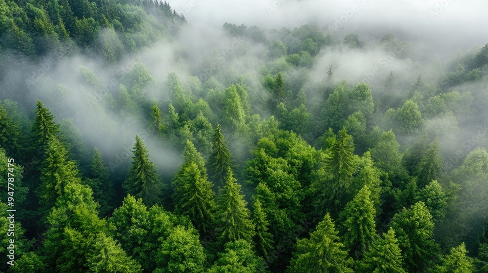 Aerial capture of a forest in early morning mist Aerial capture of a forest in early morning mist