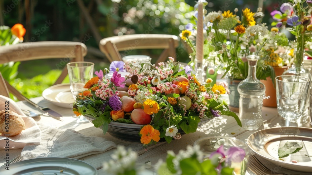 Blooming Beauty Garden Table Delight with Fresh Organic Easter Salad and Edible Flowers Blooming Beauty Garden Table Delight with Fresh Organic Easter Salad and Edible Flowers