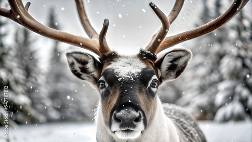 Reindeer looking curiously in the snow with a wintery forest background