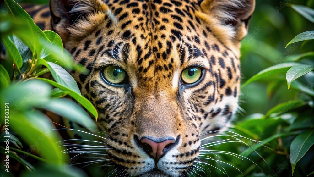 Close-up of a hidden leopard's eye among dense foliage, showcasing intense concentration while hunting, leopard, eye Close-up of a hidden leopard's eye among dense foliage, showcasing intense concentration while hunting, leopard, eye