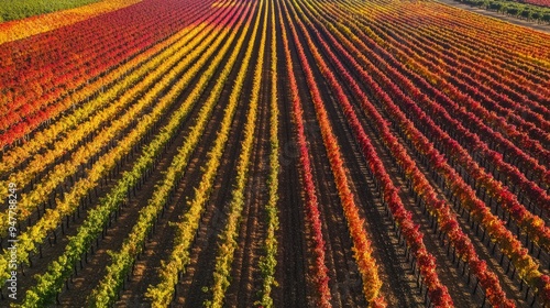 Aerial view of vineyard with red, orange, and yellow leaves.