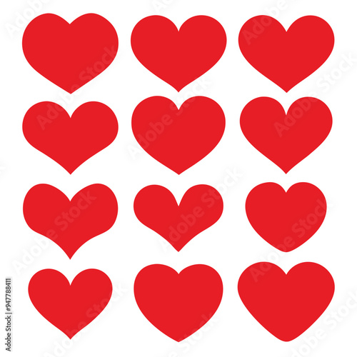 Set of Red Heart Flat Cartoon Icons. Romantic Abstract Symbols in Various Shapes for Valentine's Day.