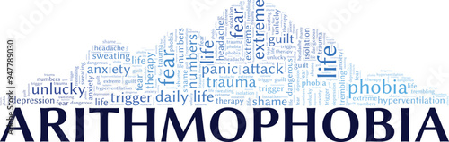 Arithmophobia: Fear of Numbers word cloud conceptual design isolated on white background.
