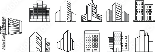 Building line icons Set. City, Real estate, Architecture building vectors. City skyscraper, downtown. Apartment silhouette illustration isolated on transparent background. Modern and elegant styles.
