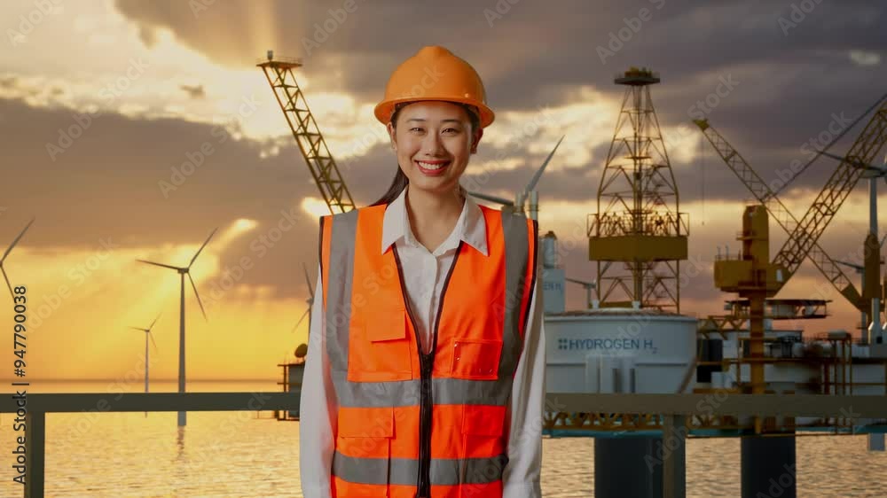 Asian Female Engineer With Safety Helmet Smiling To Camera While Standing With Hydrogen Production Asian Female Engineer With Safety Helmet Smiling To Camera While Standing With Hydrogen Production