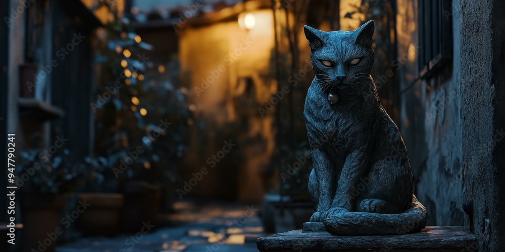 A black cat statue sits on a stone ledge. A black cat statue sits on a stone ledge.