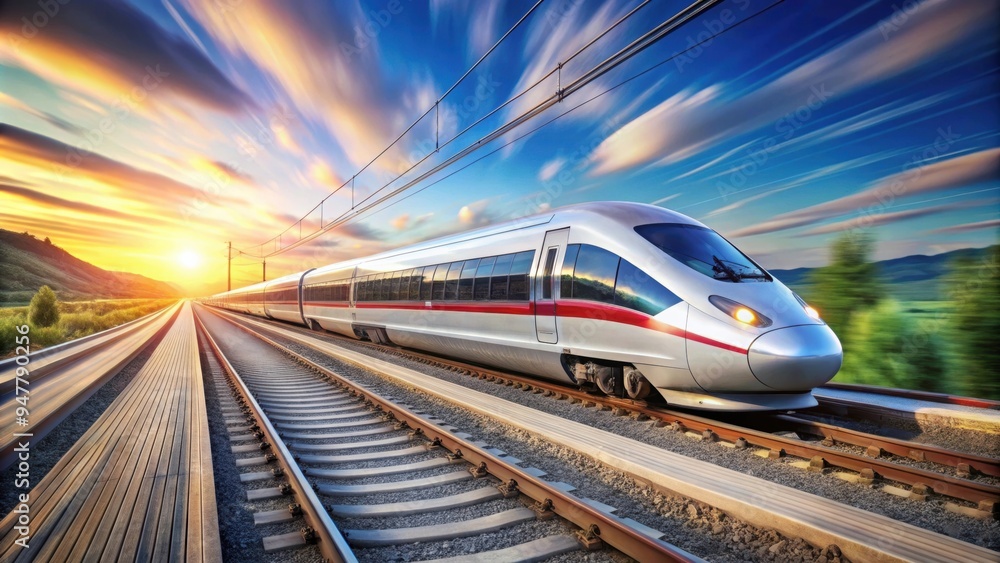 Naklejka premium High speed rail train traveling on tracks , transportation, speed, efficiency, modern, technology