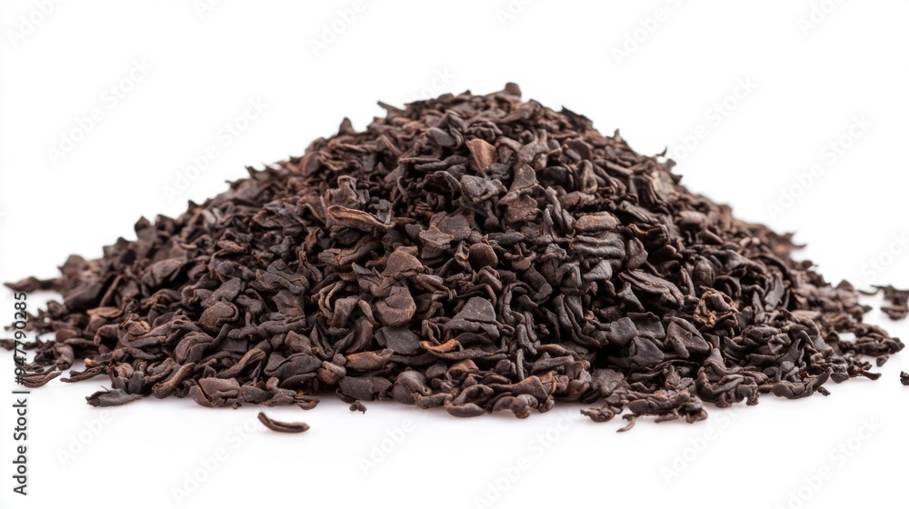A Heap of High Quality Loose Black Tea Leaves isolated on a Pure White Background. Tea Brewing A Heap of High Quality Loose Black Tea Leaves isolated on a Pure White Background. Tea Brewing