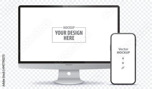 Desktop Computer and Mobile Phone Screen Front View Mockup. Digital devices template vector illustration with transparent background.
