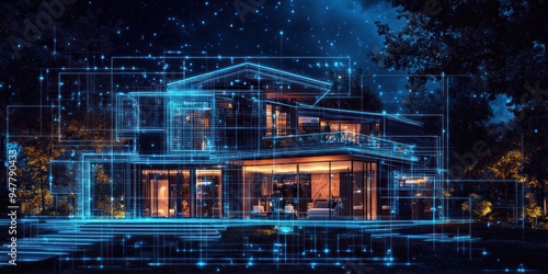 Modern House at Night with Digital Grid Overlay