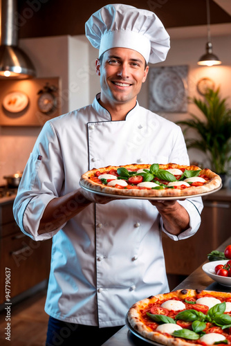 Italian chef holding a fresh pizza in a contemporary kitchen. Authentic Italian cuisine concept