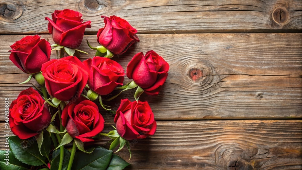 Vibrant red roses on a rustic wooden background, blooms, petals, flowers, romantic, love, gift, celebration, vibrant, red Vibrant red roses on a rustic wooden background, blooms, petals, flowers, romantic, love, gift, celebration, vibrant, red