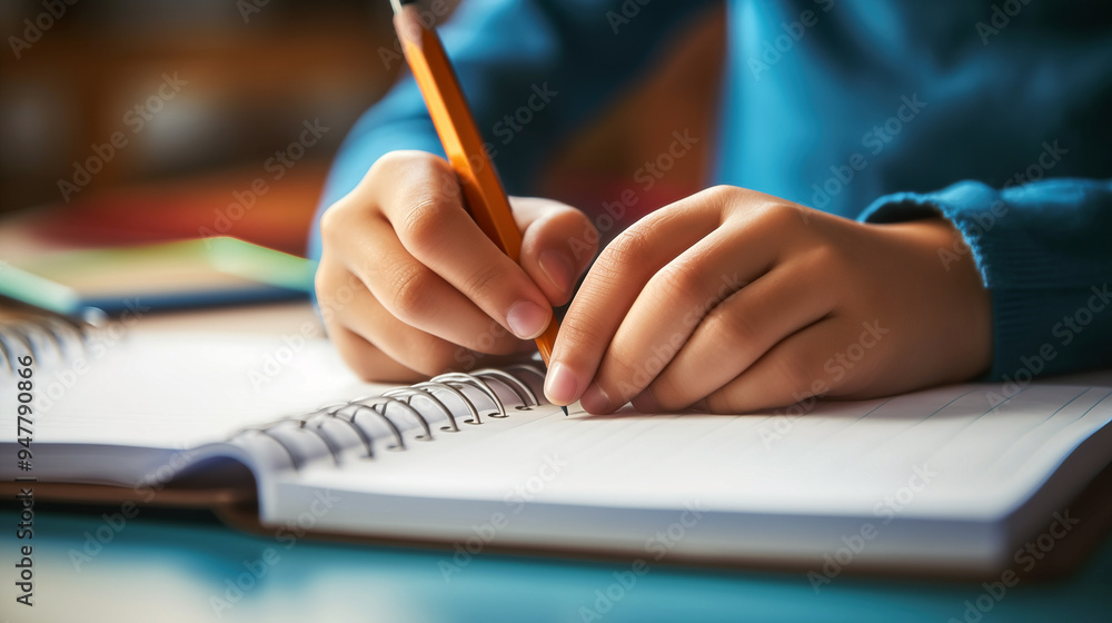 Closeup of a child writing in a notebook at the table Closeup of a child writing in a notebook at the table