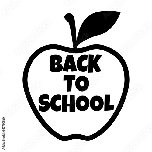 Logo con letras palabra Back to school en texto manuscrito en el interior de una silueta de manzana