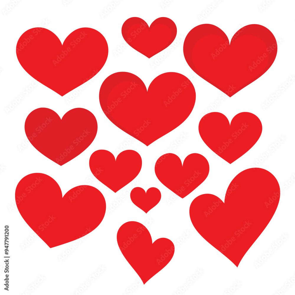 Set of Red Heart Flat Cartoon Icons. Romantic Abstract Symbols in Various Shapes for Valentine's Day. Set of Red Heart Flat Cartoon Icons. Romantic Abstract Symbols in Various Shapes for Valentine's Day.