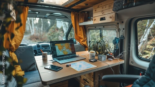 Nomadic Workspace Laptop Map and Wanderlust Essentials in Camper Van Embrace the Remote Work Lifestyle on the Open Road photo