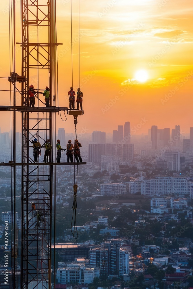 A construction site showcasing workers securing themselves with harnesses for height safety.