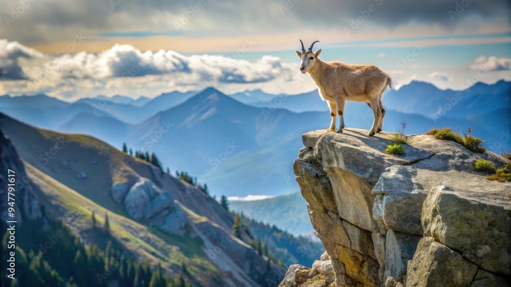 Mountain goat perched on towering rocky outcrop , wildlife, nature, animal, goat, mountain, rocky, adventure, wilderness Mountain goat perched on towering rocky outcrop , wildlife, nature, animal, goat, mountain, rocky, adventure, wilderness