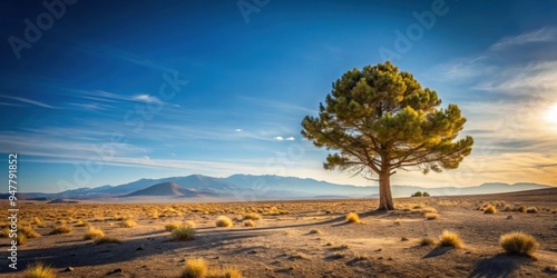 A unique image of a lone pine tree standing tall amidst the barren desert landscape, pine, tree, desert, landscape, nature