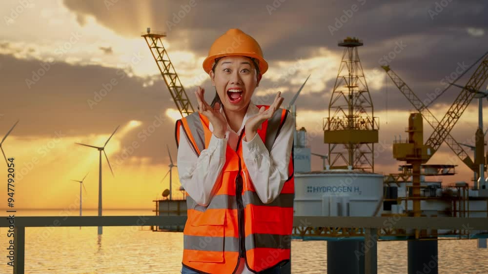 Asian Female Engineer With Safety Helmet Smiling To Camera And Saying Wow While Standing With Hydrogen Production Asian Female Engineer With Safety Helmet Smiling To Camera And Saying Wow While Standing With Hydrogen Production