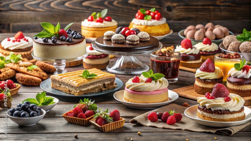 Variety of delicious desserts on a dessert table, sweets, pastries, cakes, treats, confections, baked goods, cookies Variety of delicious desserts on a dessert table, sweets, pastries, cakes, treats, confections, baked goods, cookies