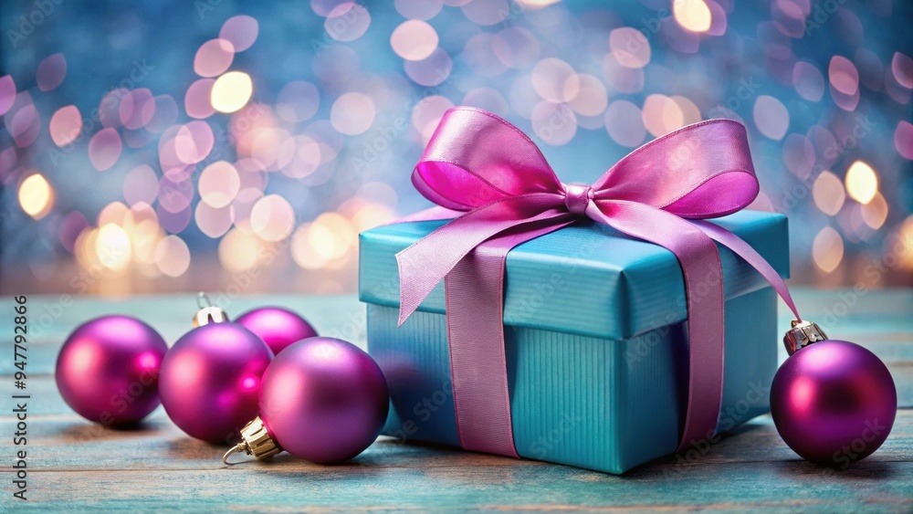 Blue Christmas gift box with pink ribbon and ornaments on background, Blue, Christmas, gift, box, pink, ribbon, ornaments Blue Christmas gift box with pink ribbon and ornaments on background, Blue, Christmas, gift, box, pink, ribbon, ornaments