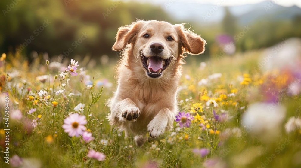 Dog running through a field of wildflowers with a joyful expression Dog running through a field of wildflowers with a joyful expression