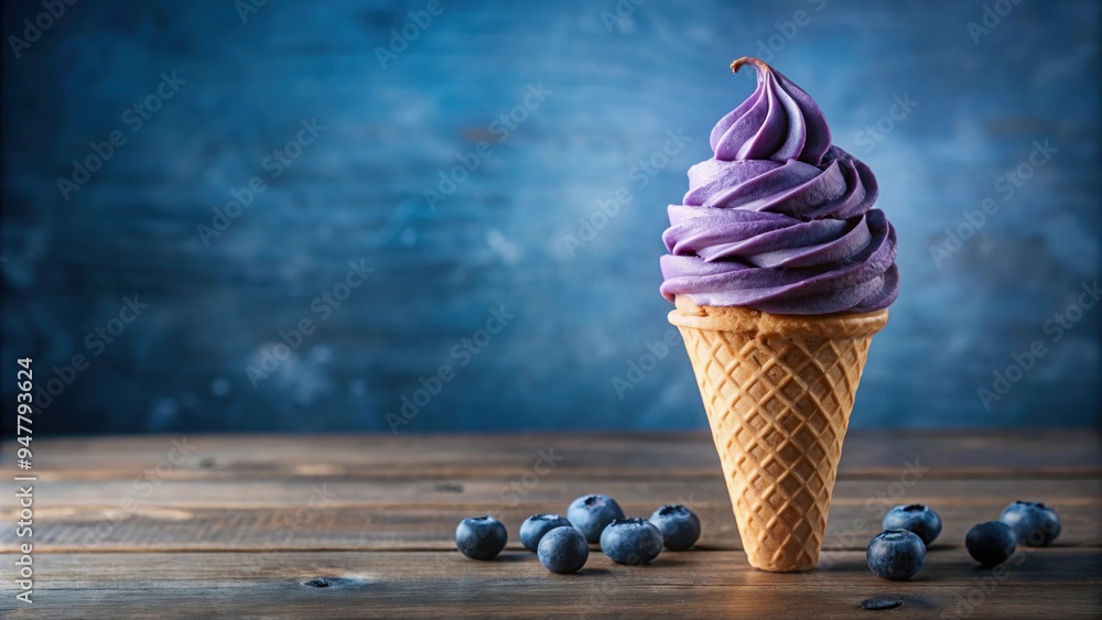Blueberry soft serve ice cream in a cone at an ice cream parlor ...