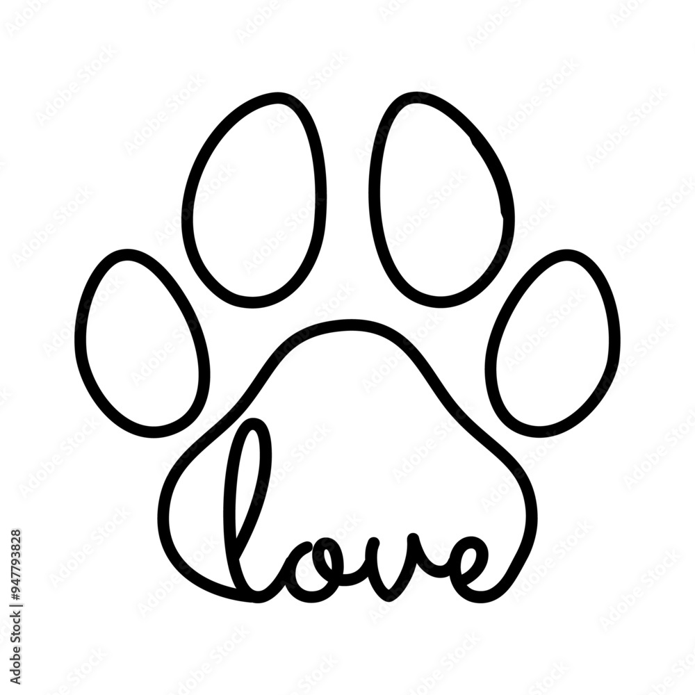 Logo pet friendly. Silueta de pata de gato o perro con línea exterior y palabra love en texto manuscrito Logo pet friendly. Silueta de pata de gato o perro con línea exterior y palabra love en texto manuscrito