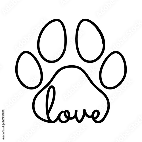 Logo pet friendly. Silueta de pata de gato o perro con línea exterior y palabra love en texto manuscrito