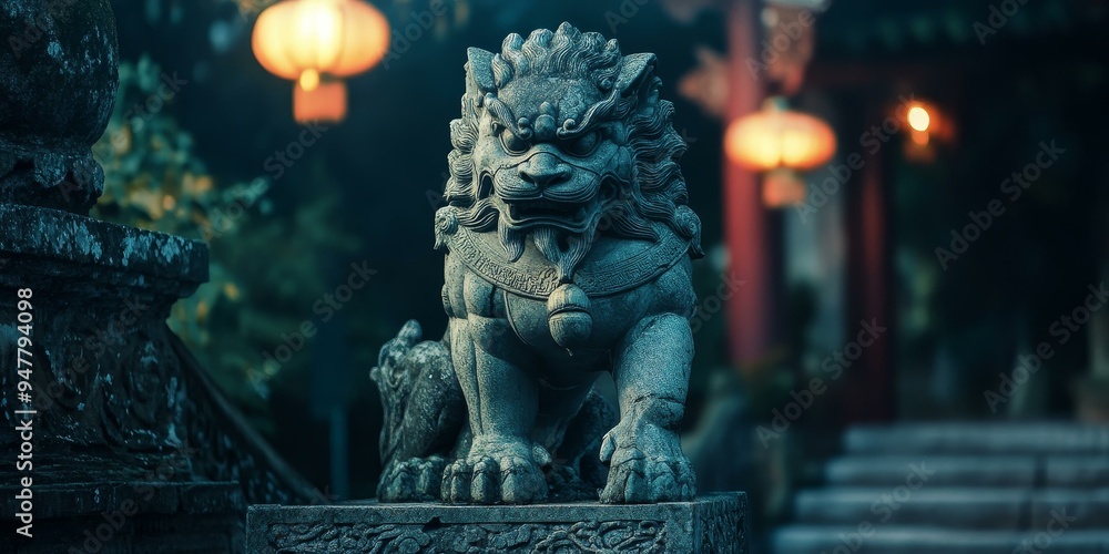 Stone lion statue with ornate details. Stone lion statue with ornate details.