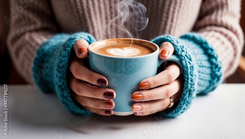 Close-up of a woman's hands in a turquoise sweater holding a cup of cappuccino. She has a perfect manicure in autumn shades, showcasing a cozy fall vibe with warm, inviting tones